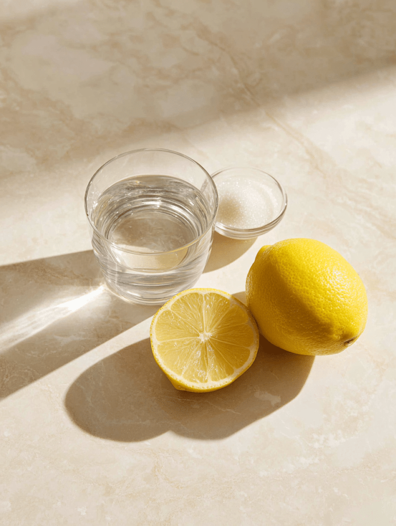 jello weight loss recipe ingredients including gelatin powder water and fresh lemon on a marble surface