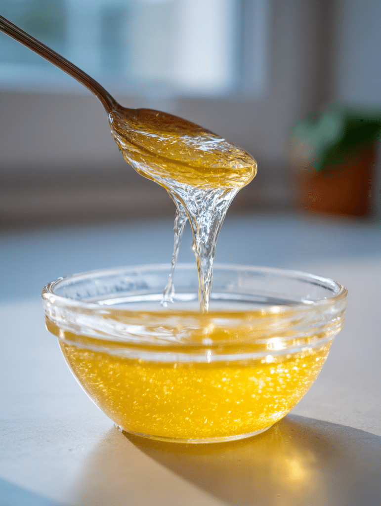jello weight loss recipe step showing gelatin being mixed with warm water in a glass bowl