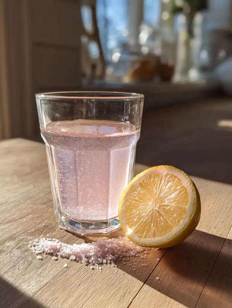 Johns Hopkins pink salt recipe drink in a glass with lemon and warm water on wooden table