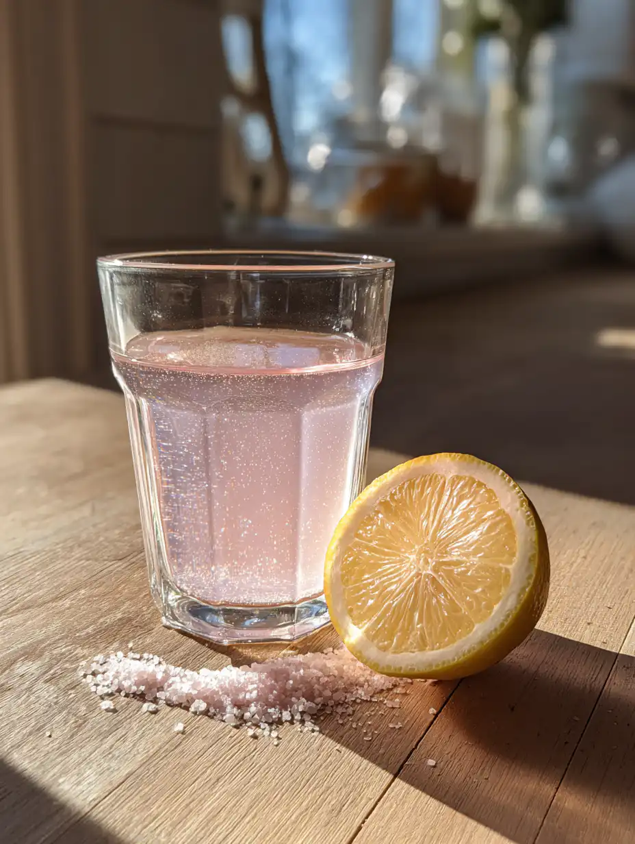 Johns Hopkins pink salt recipe drink in a glass with lemon and warm water on wooden table