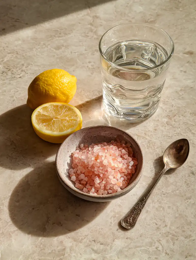 Johns Hopkins pink salt recipe ingredients including pink salt lemon water and honey on marble surface
