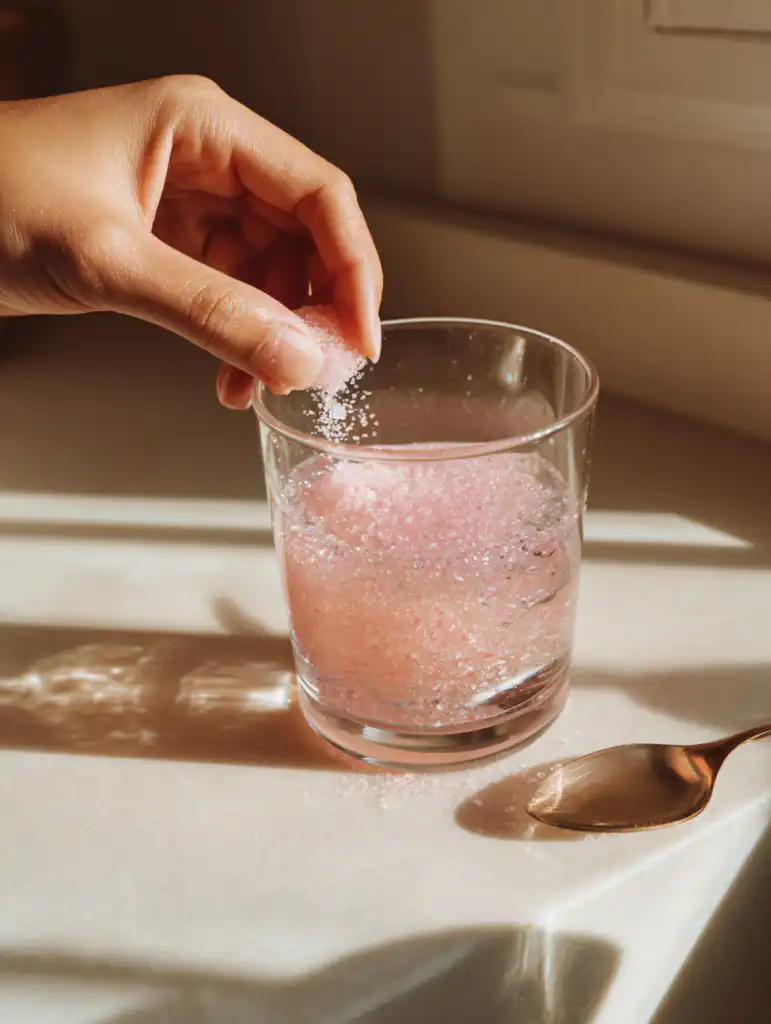 Johns Hopkins pink salt recipe step adding pink salt into warm water glass