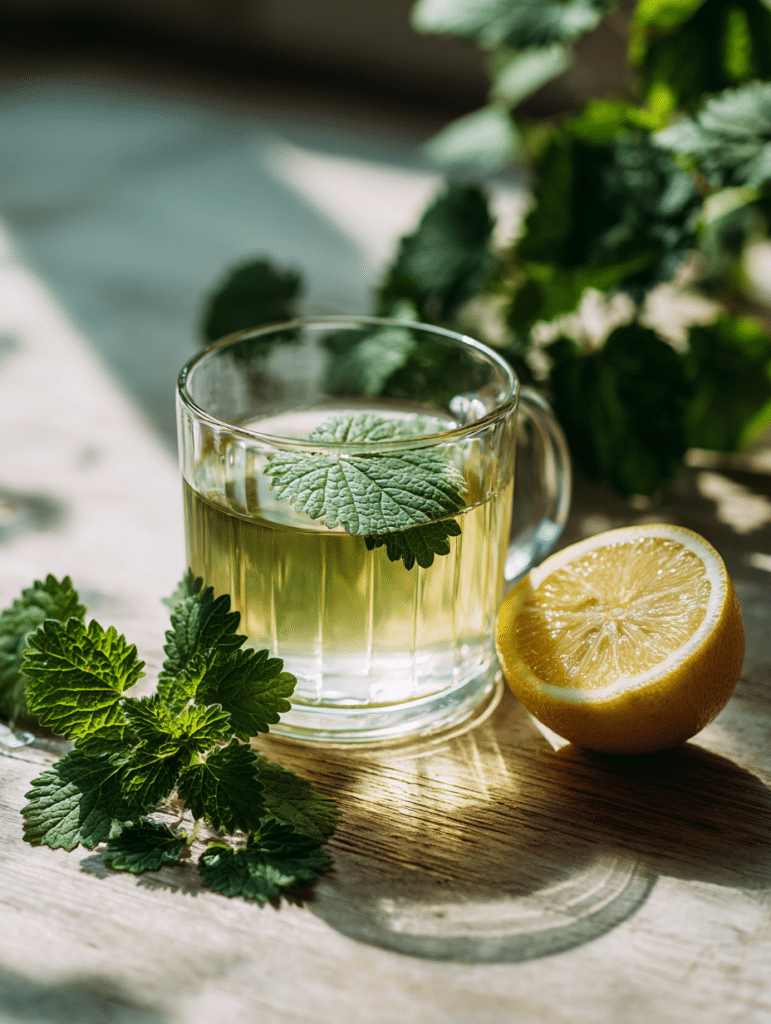 lemon balm calming drink in glass cup