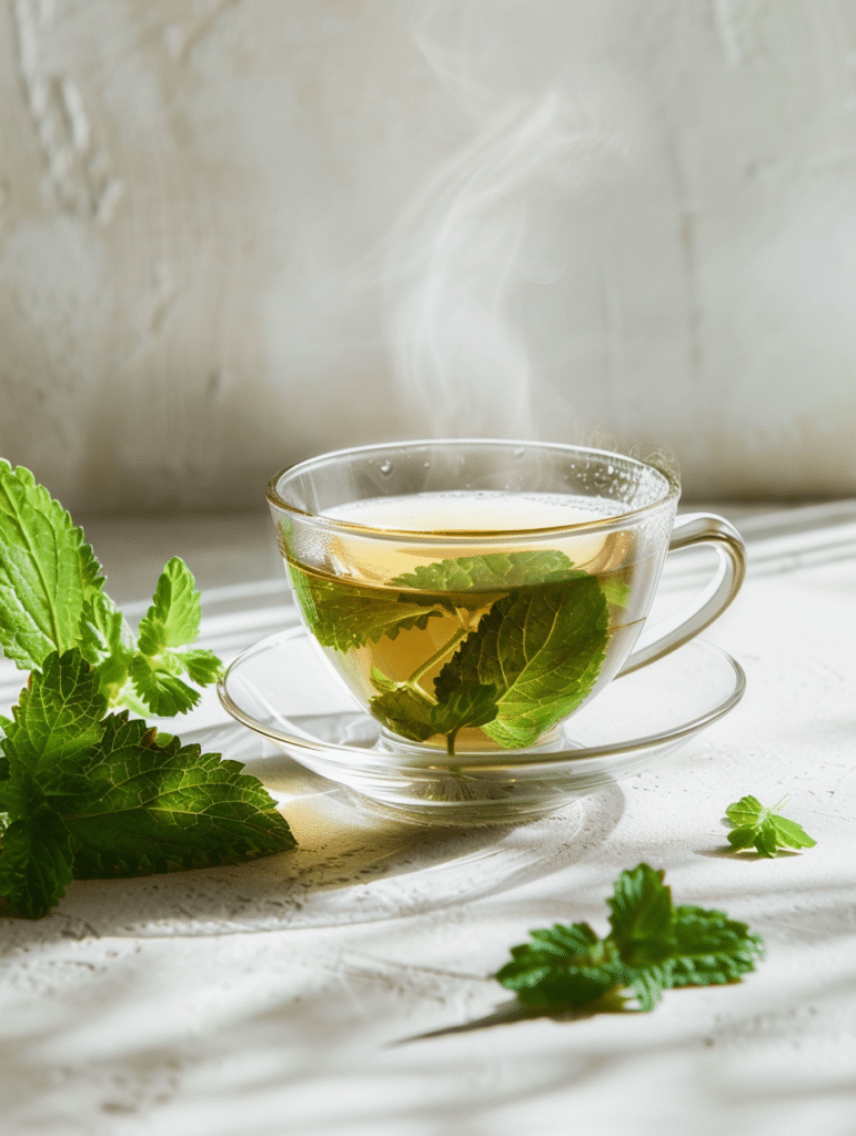 lemon balm herbal tea in cup with fresh green leaves