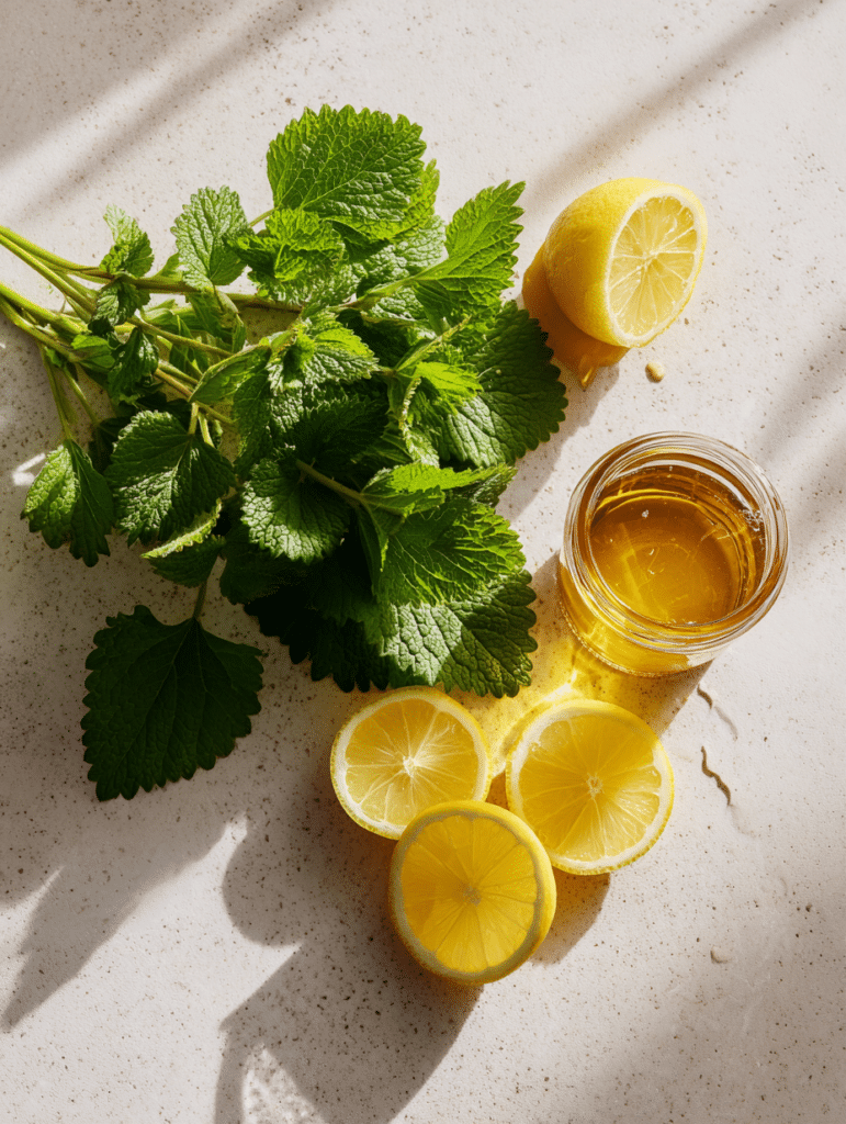 lemon balm recipe ingredients fresh leaves and lemon