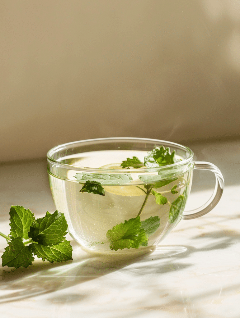 lemon balm herbal infusion in glass cup with light green color