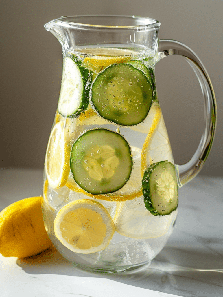 lemon cucumber infused water in glass pitcher with fresh slices