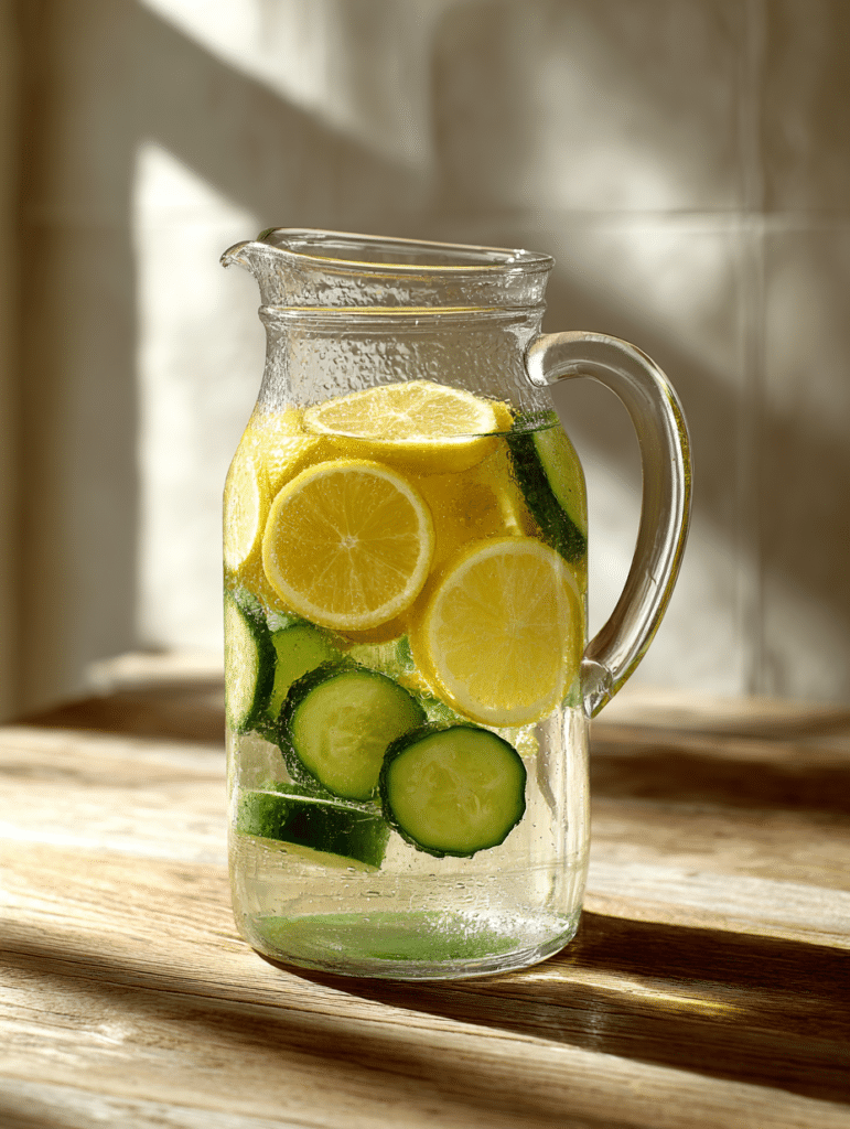 lemon cucumber water in glass pitcher with fresh slices