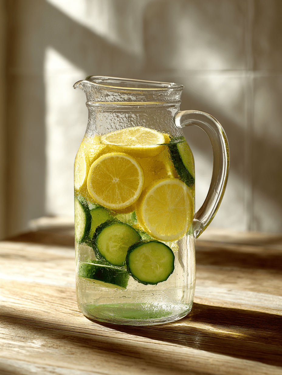 lemon cucumber water in glass pitcher with fresh slices