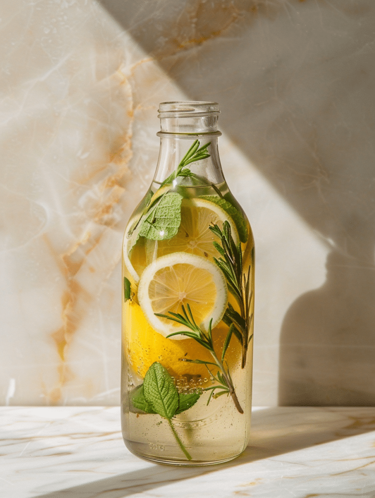 detox lemon drink with herbs in glass bottle