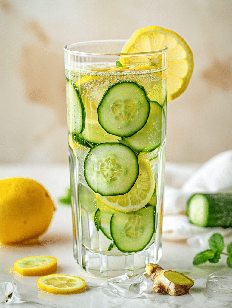 lemon ginger cucumber infused water in glass with fresh slices