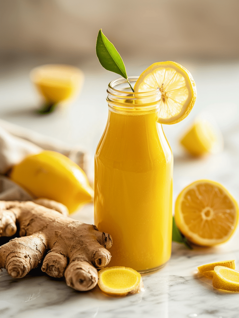 lemon ginger detox juice in glass bottle with fresh ingredients