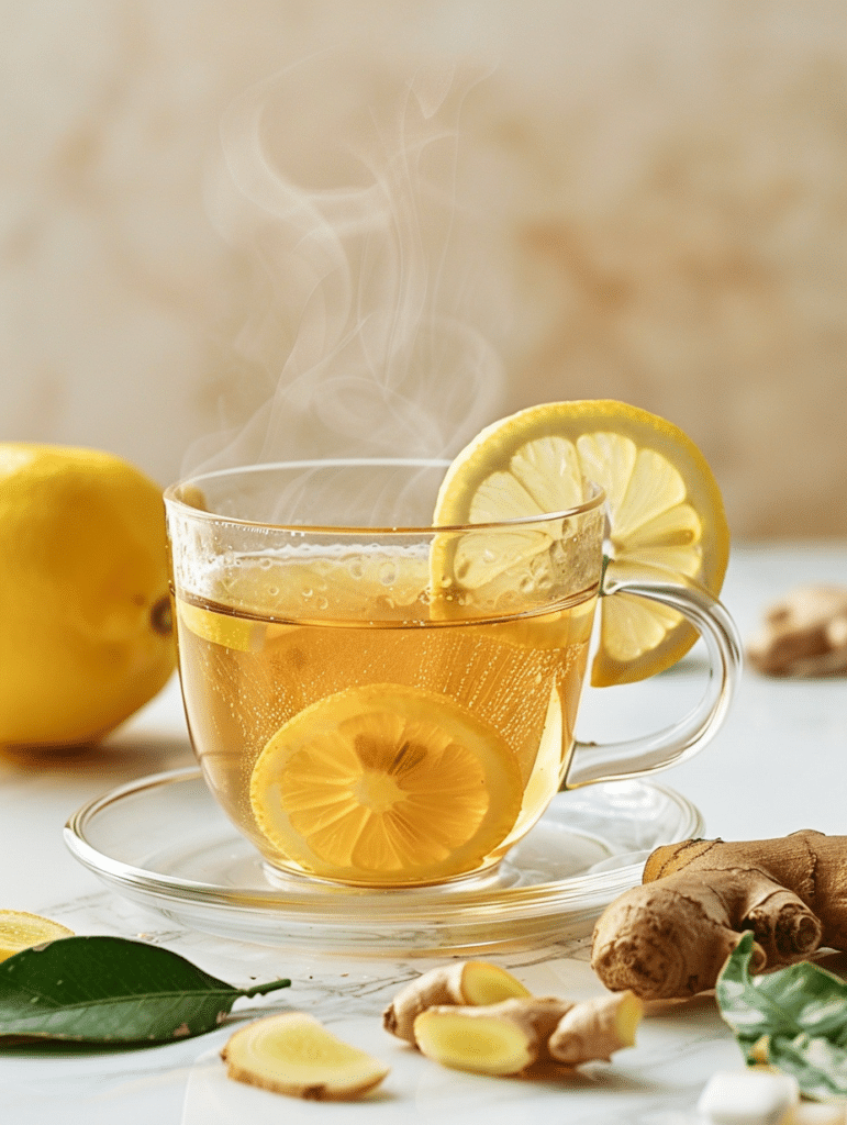 hot lemon ginger tea in glass cup with steam and ginger slices