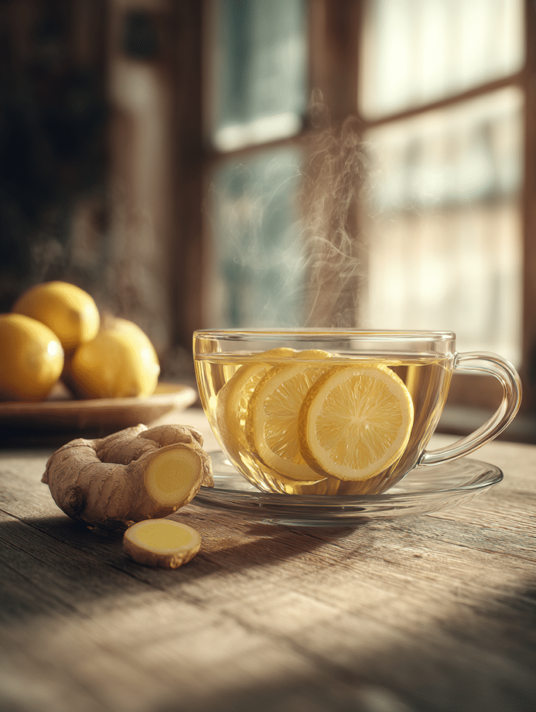 lemon ginger tea in glass cup with fresh lemon and ginger