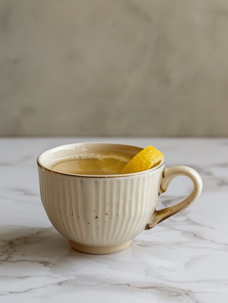 lemon green tea in cup with lemon slice