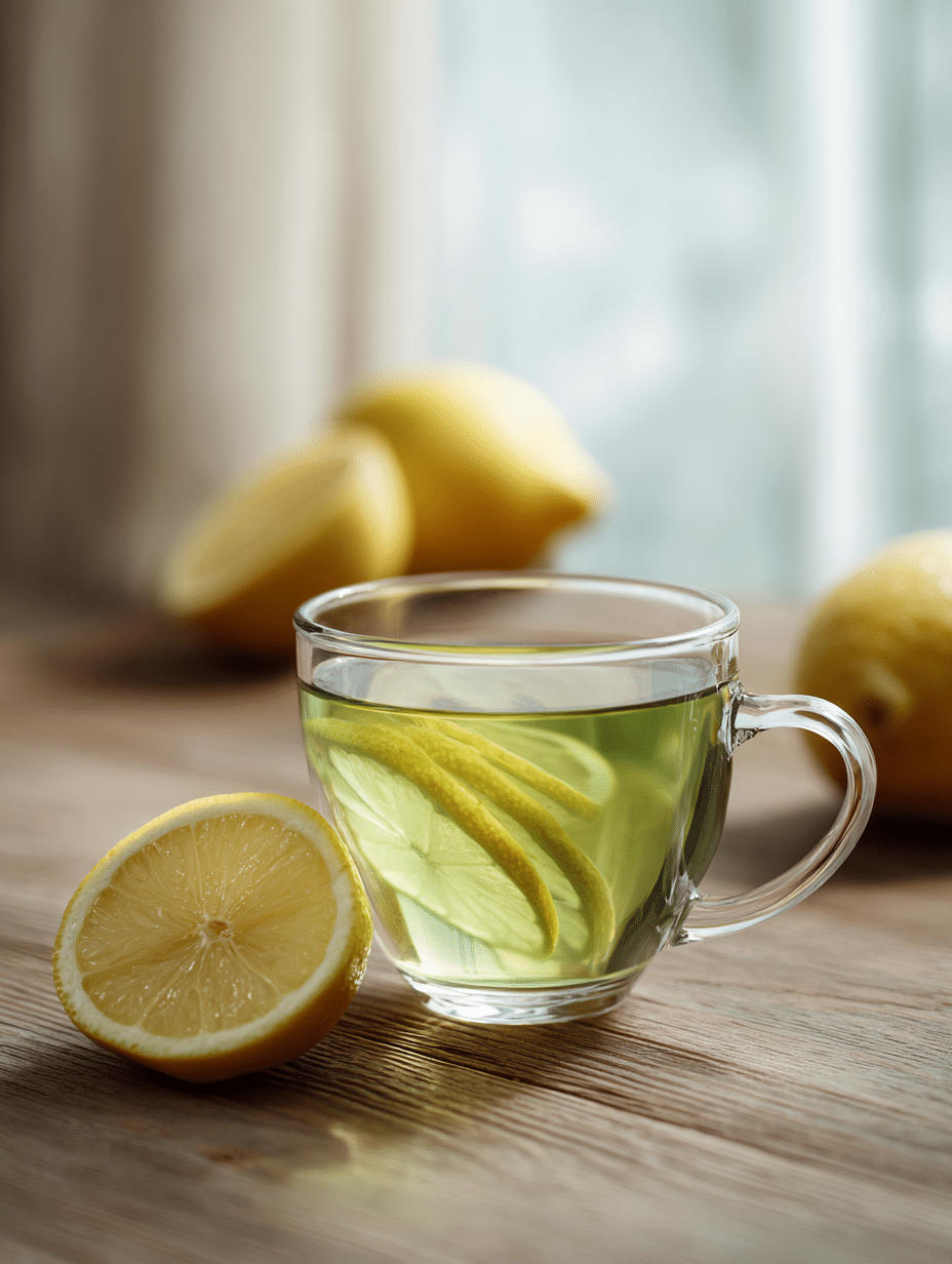 lemon green tea in glass cup with fresh lemon slices