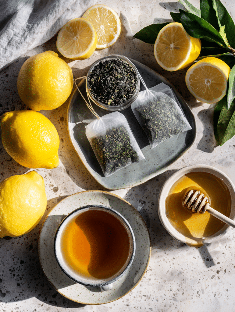 lemon green tea ingredients including tea bags and lemons