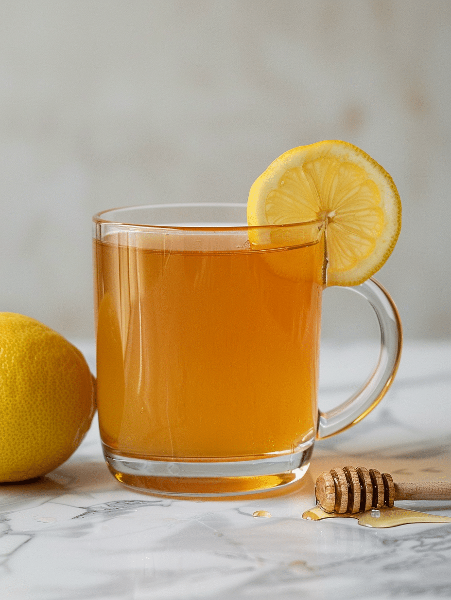 warm lemon honey drink in cup with honey dipper