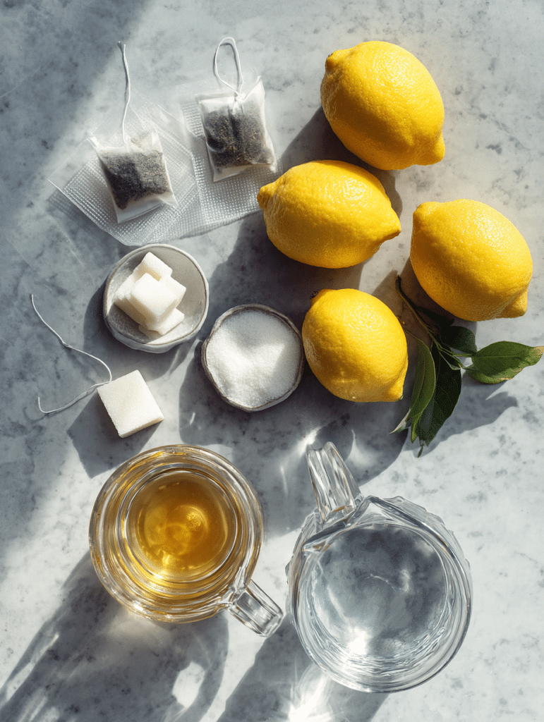 lemon iced tea ingredients including tea bags lemons sugar and water