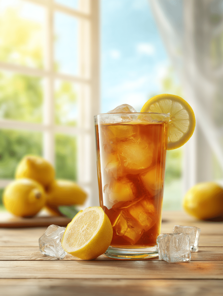 lemon iced tea in glass with fresh lemon slices and ice