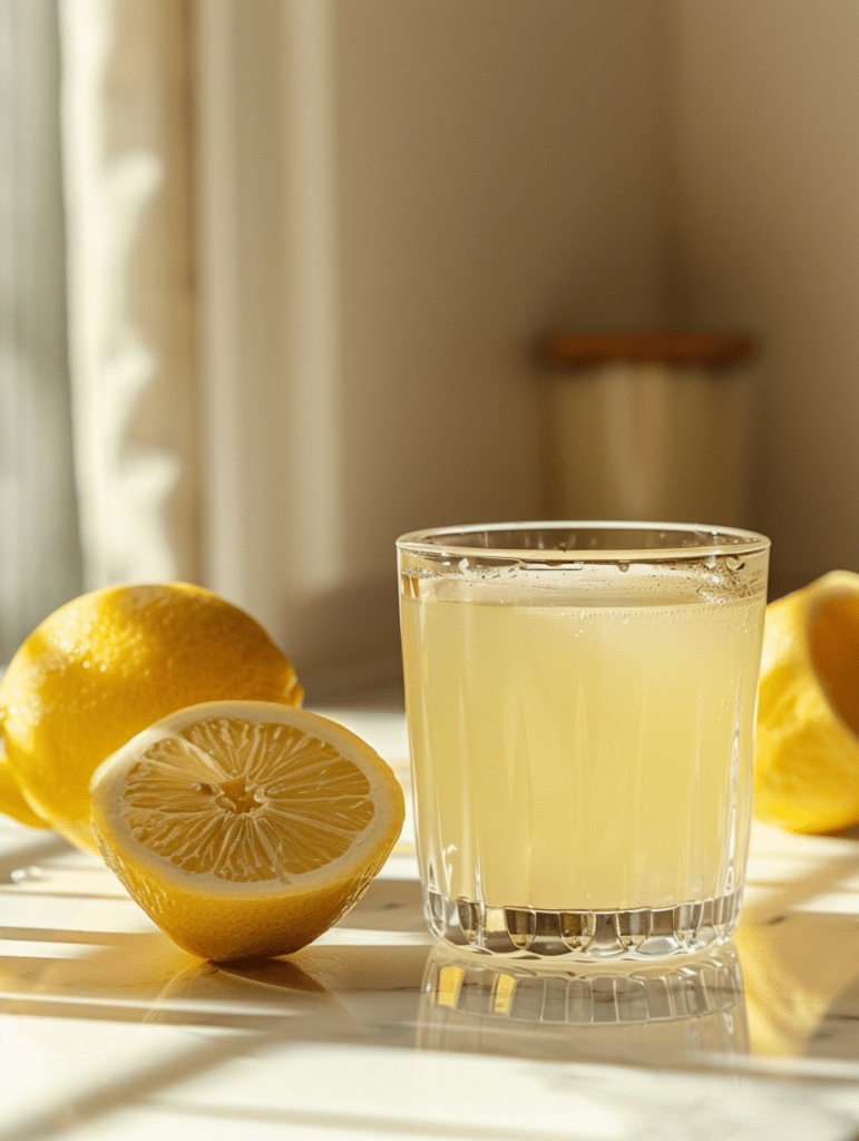 fresh lemon juice in glass with lemon slices on marble surface