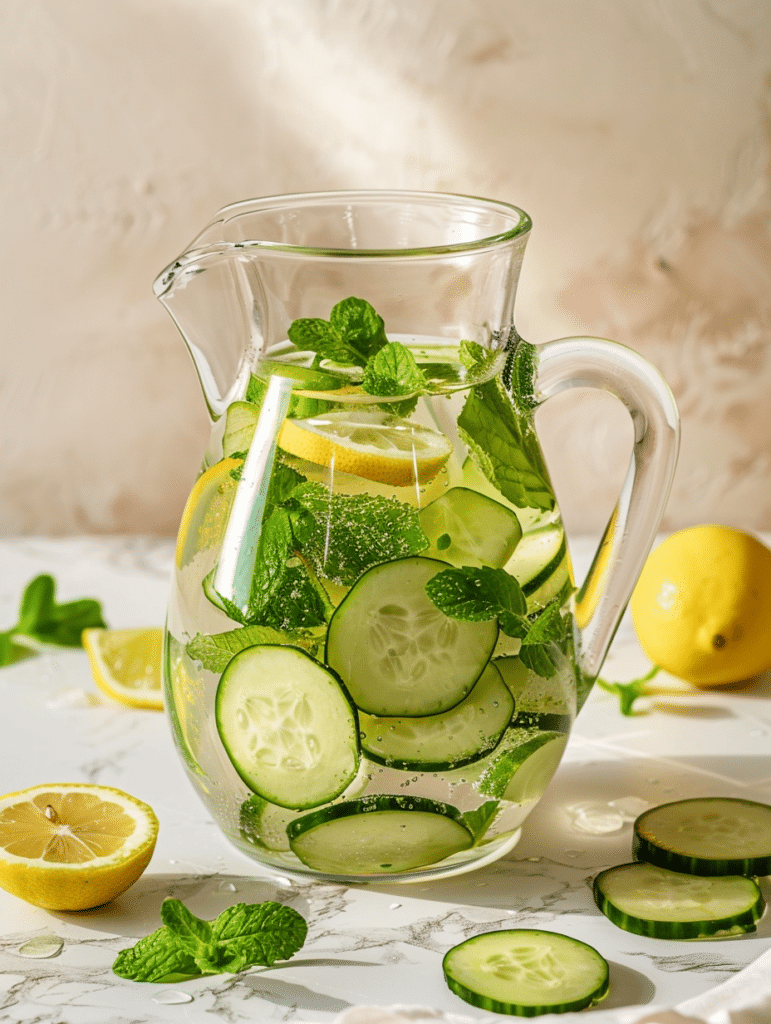 lemon mint cucumber infused water in glass jug