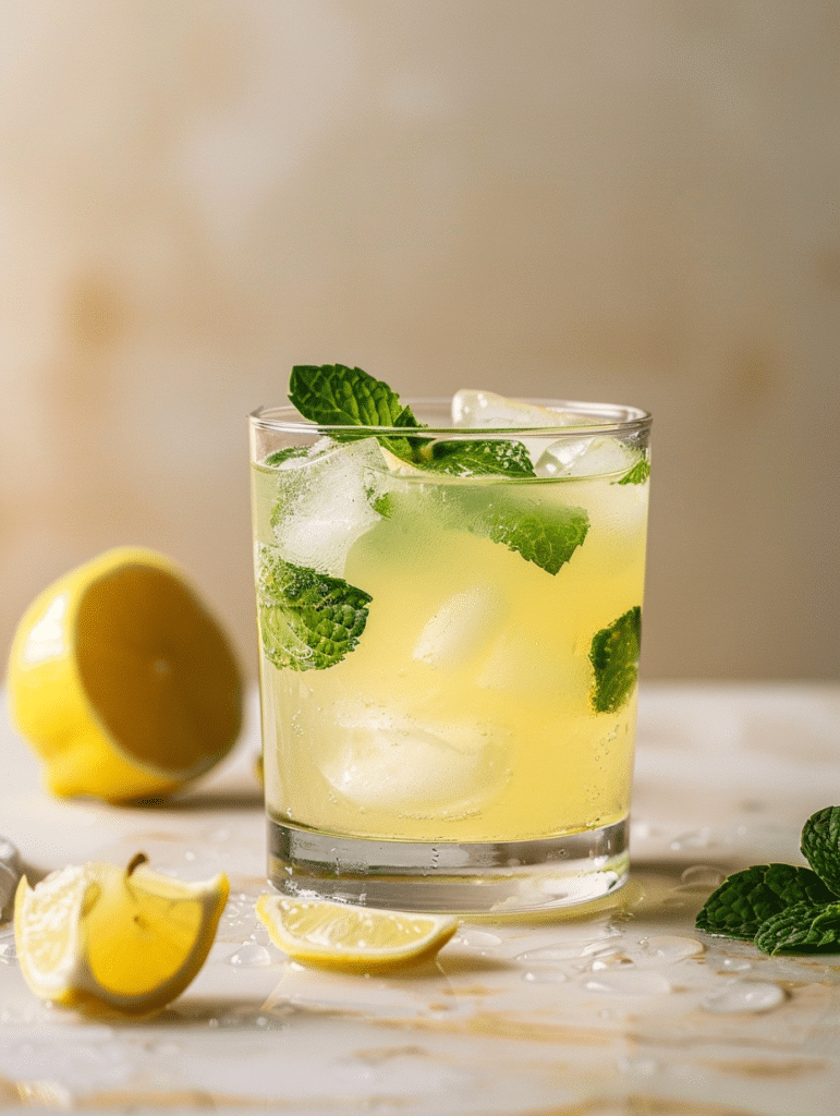 lemon mint drink with fresh mint leaves in glass