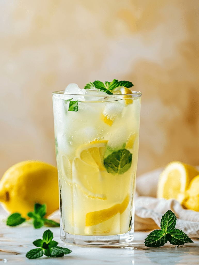 lemon mint lemonade in glass with ice and fresh mint leaves