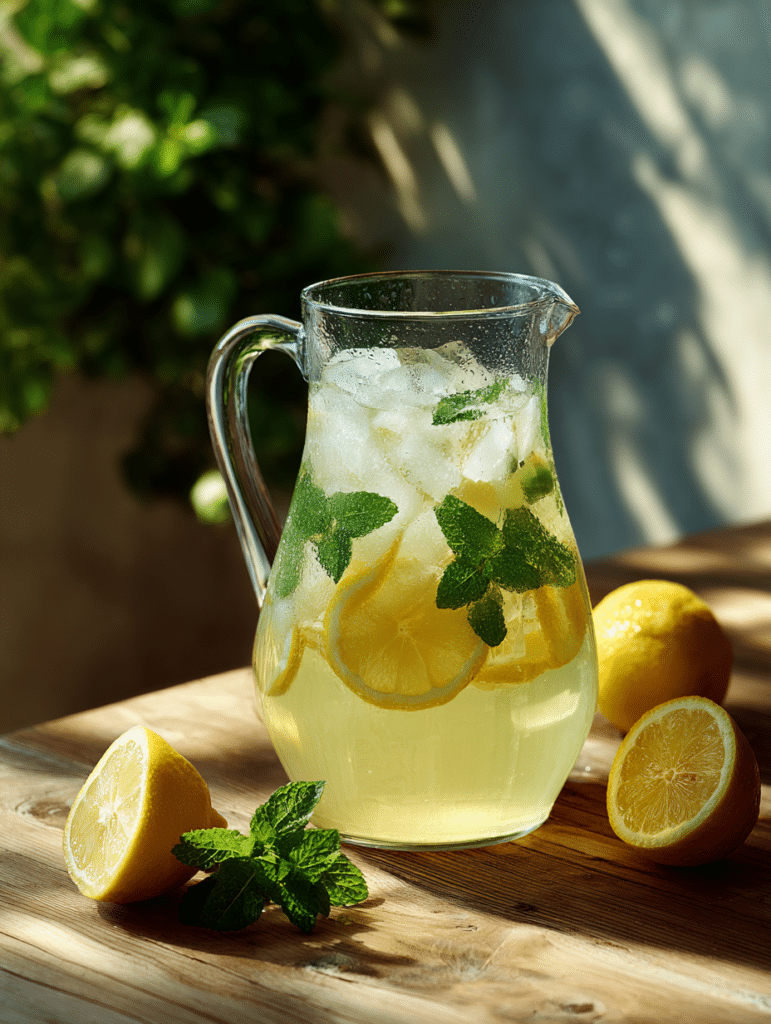 lemon mint lemonade in glass pitcher with fresh mint and lemon slices