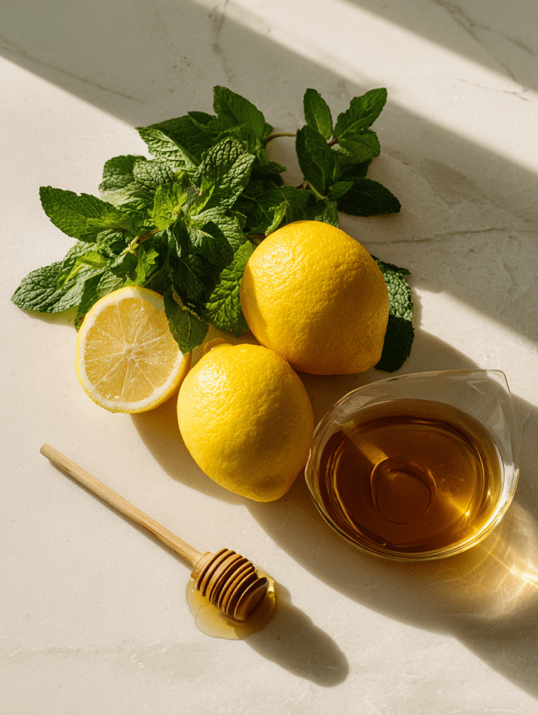 ingredients for lemon mint lemonade recipe including lemon and mint