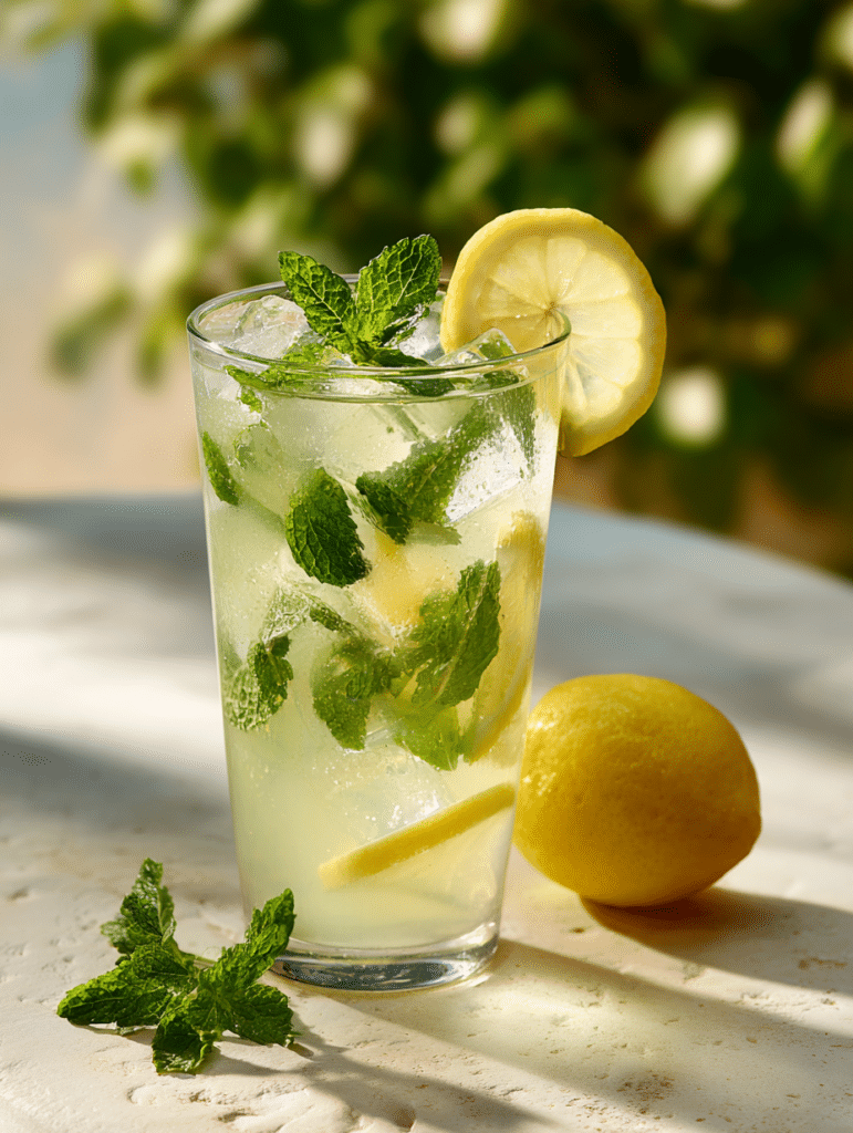 serving lemon mint lemonade with ice and mint garnish