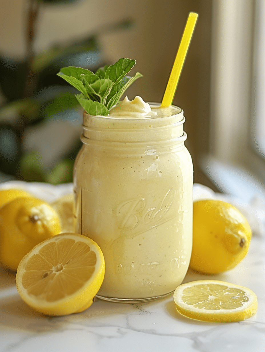 creamy lemon smoothie in jar with straw on marble background