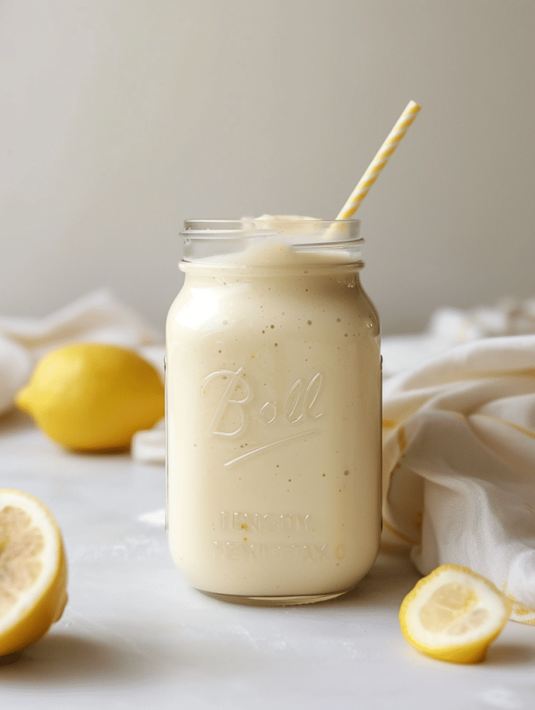 creamy lemon smoothie drink in glass jar with straw