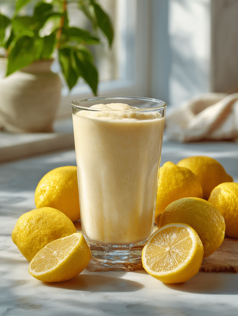 lemon smoothie drink in a glass with fresh lemons
