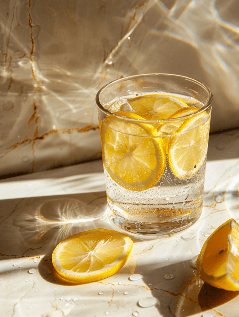 glass of lemon water with slices and condensation