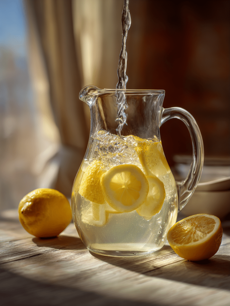 mixing fresh lemonade recipe in pitcher