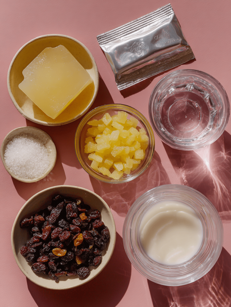 pink gelatin recipe ingredients laid out on table