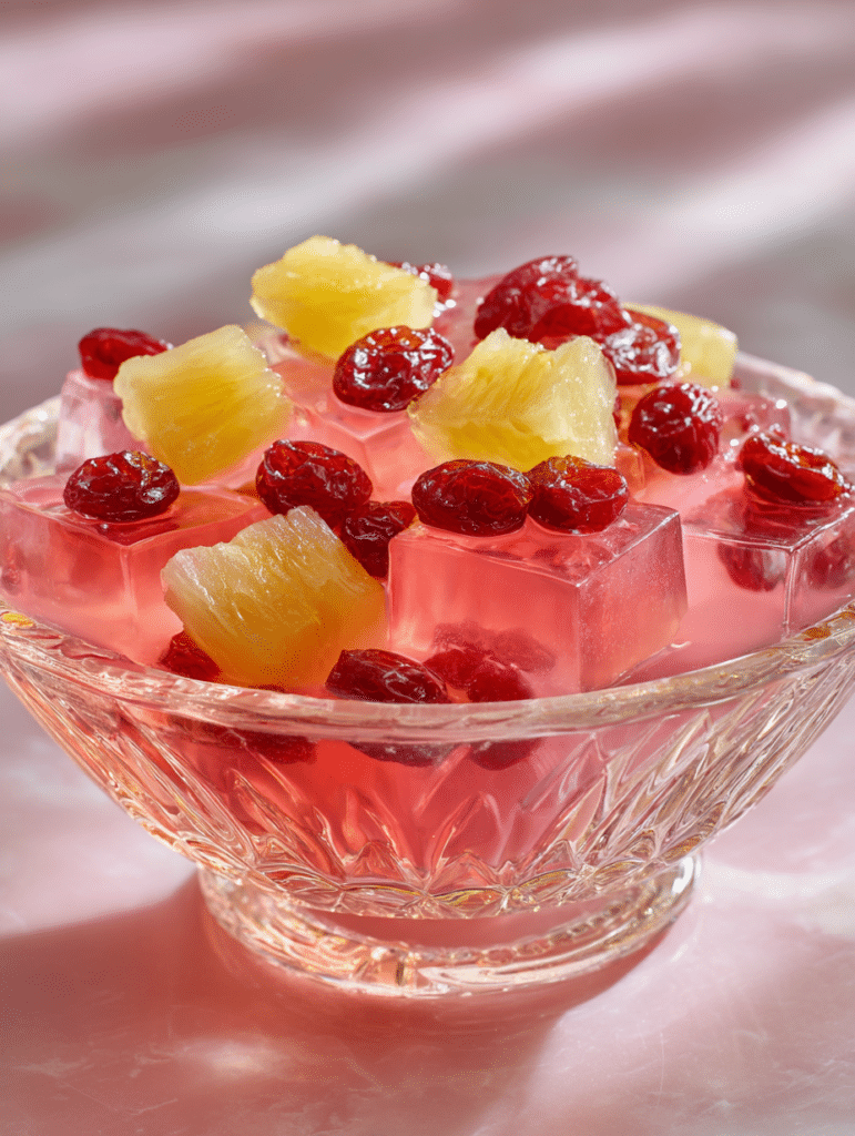 pink gelatin with raisins or pineapple served in glass dish
