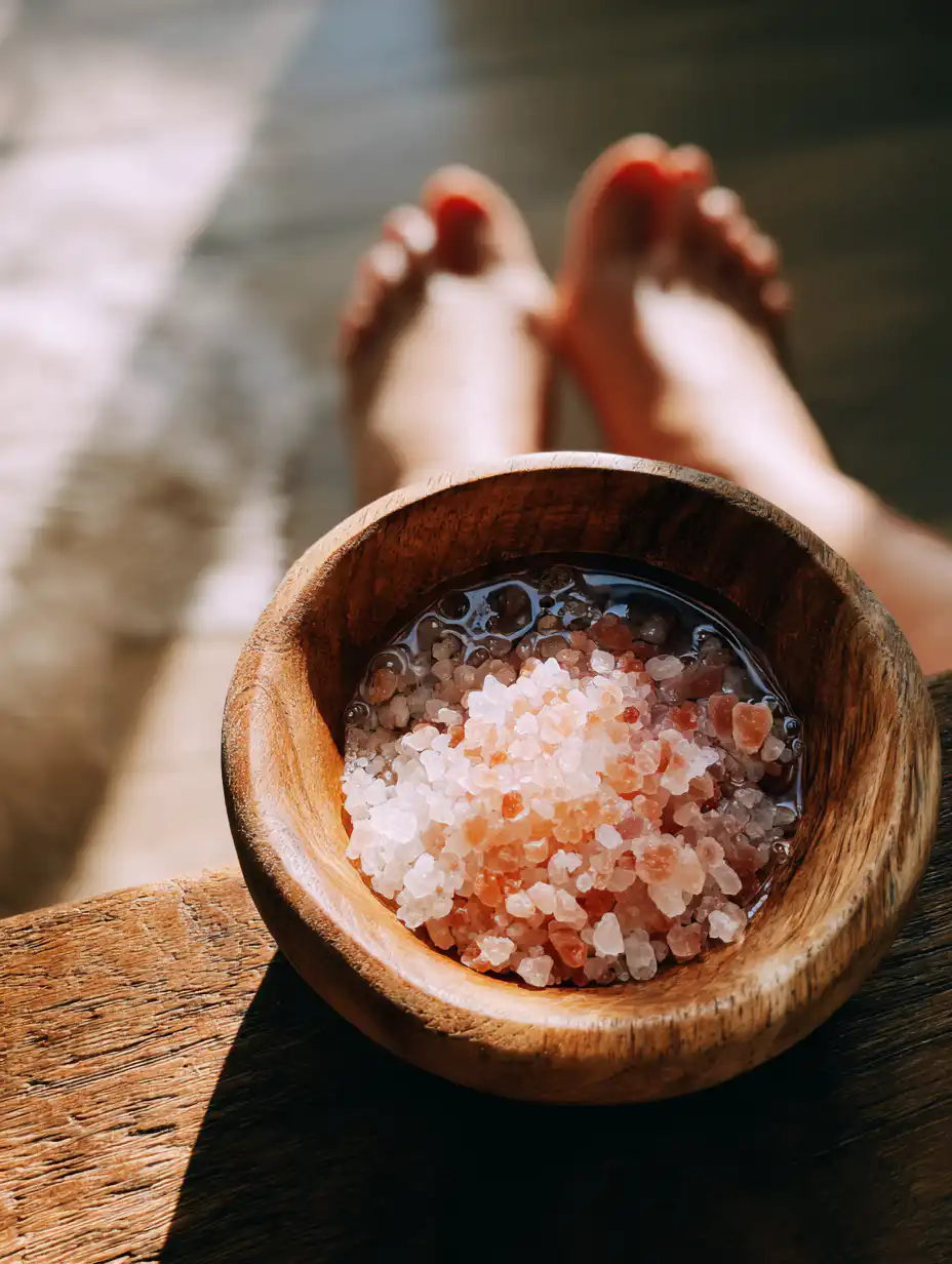 pink Himalayan salt recipe for neuropathy foot soak in a wooden bowl with warm water and natural light