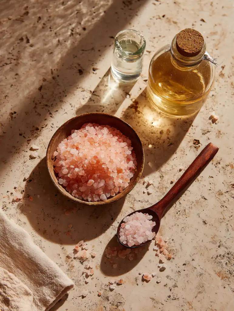 pink Himalayan salt recipe for neuropathy ingredients including salt vinegar and baking soda on marble surface