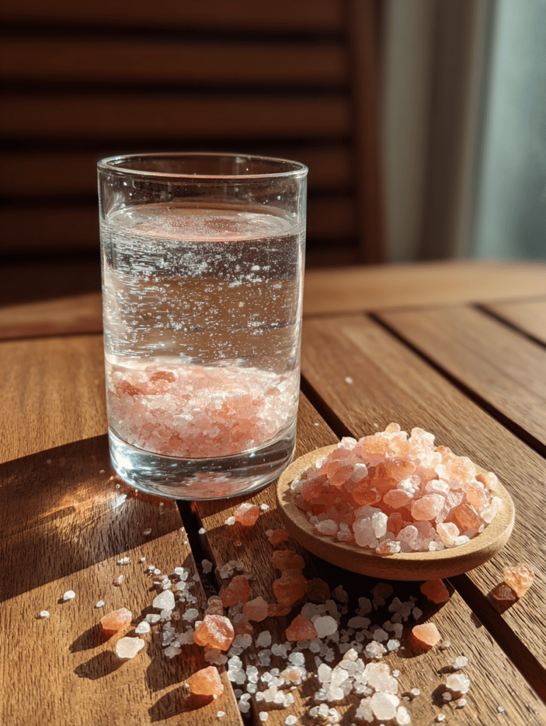 Pink salt trick for neuropathy drink in a clear glass with warm water and Himalayan salt crystals