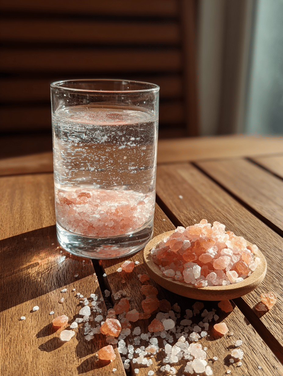 Pink salt trick for neuropathy drink in a clear glass with warm water and Himalayan salt crystals