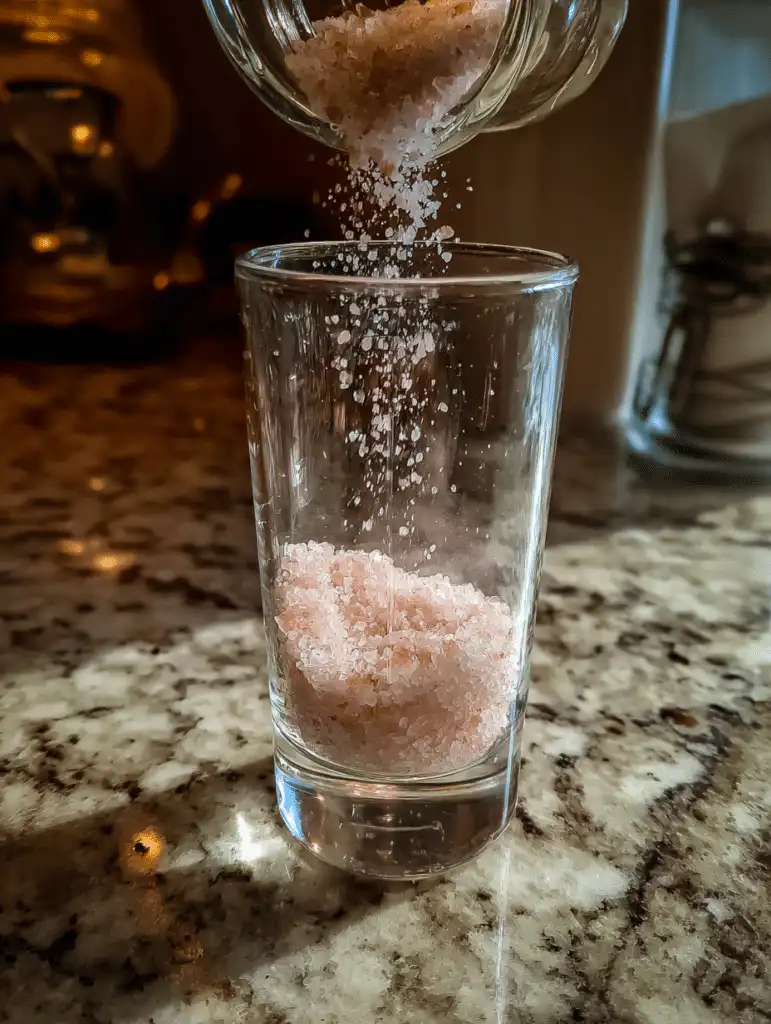 Pink salt trick for neuropathy step showing Himalayan salt being added to warm water