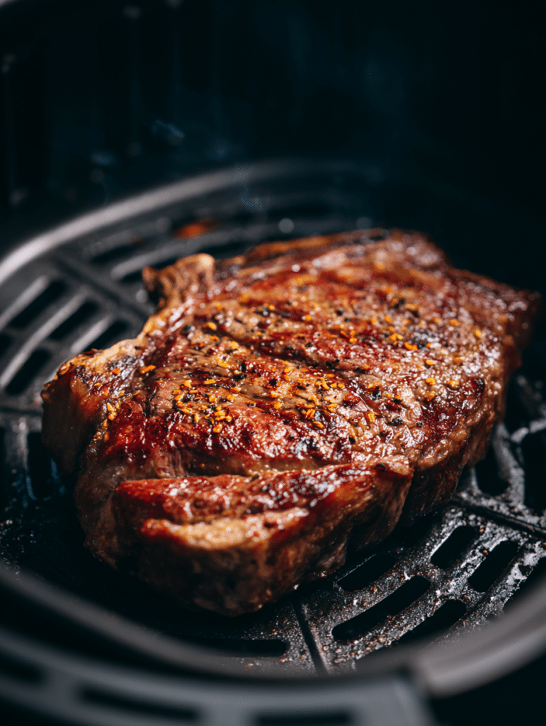 rib eye steak cooking in air fryer basket