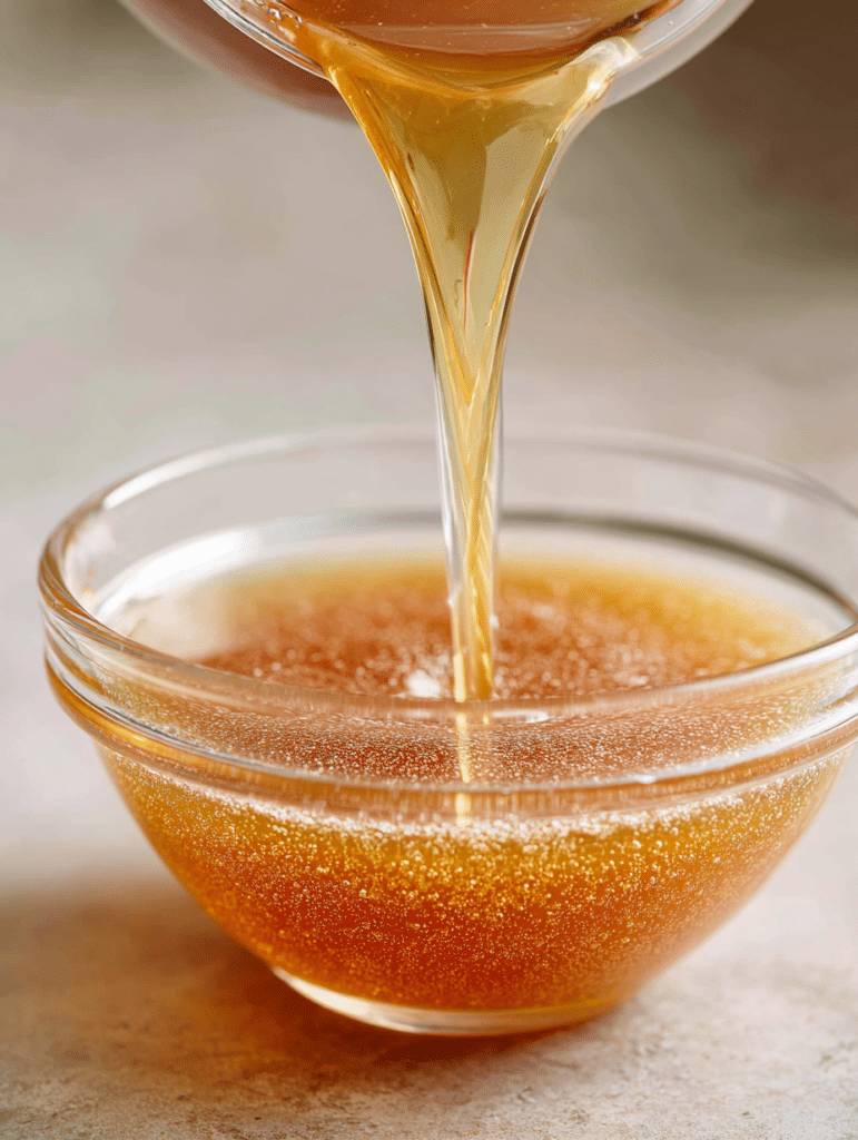 pouring warm broth into gelatin mixture in glass bowl, close-up food preparation, soft kitchen lighting, realistic texture, minimal setup --ar 3:4