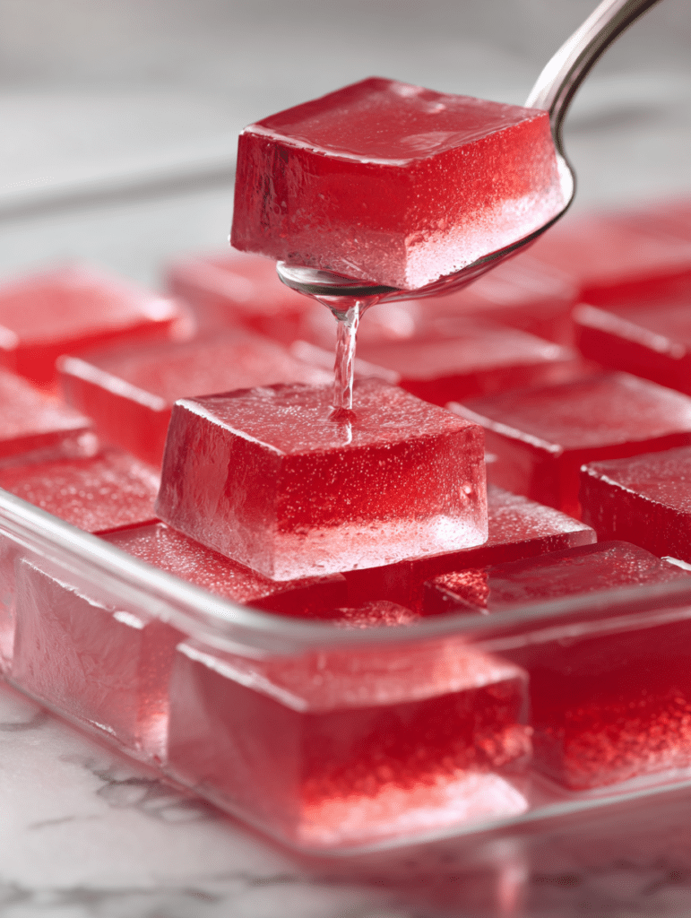 set pink gelatin with raisins or pineapple cut into squares
