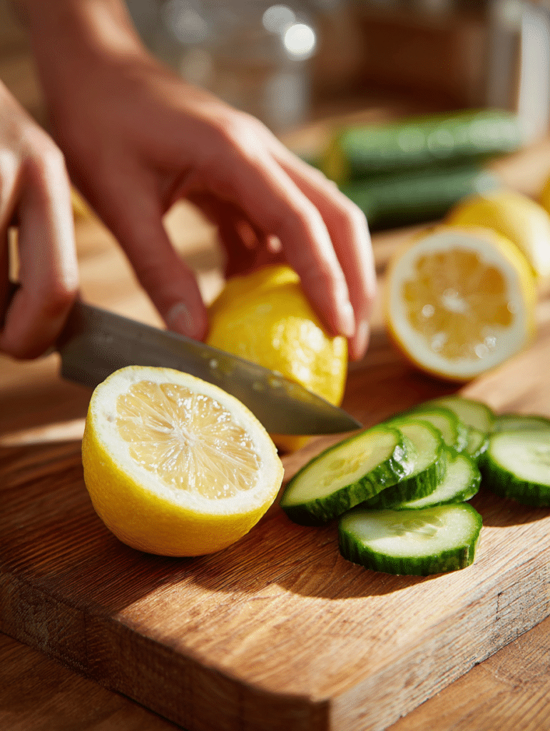 slicing lemon and cucumber for infused water