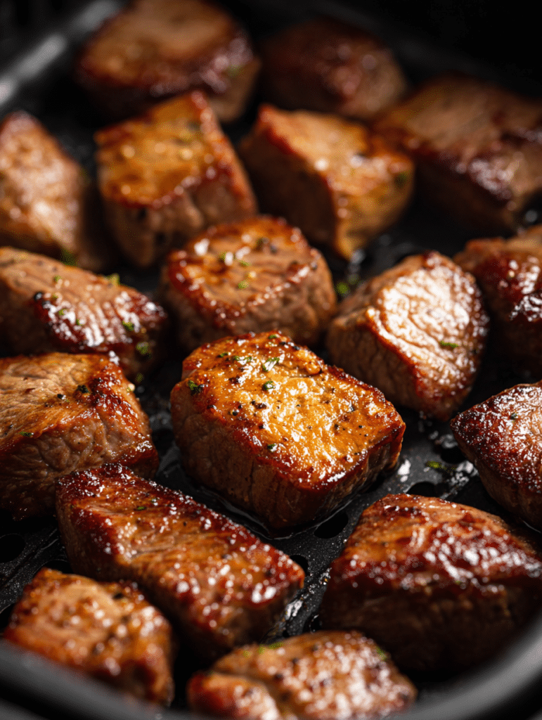 steak bites cooking in air fryer basket