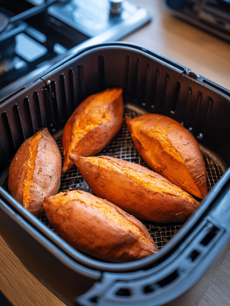 sweet potatoes cooking in air fryer
