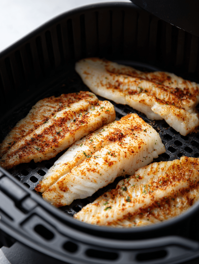 tilapia cooking in air fryer basket